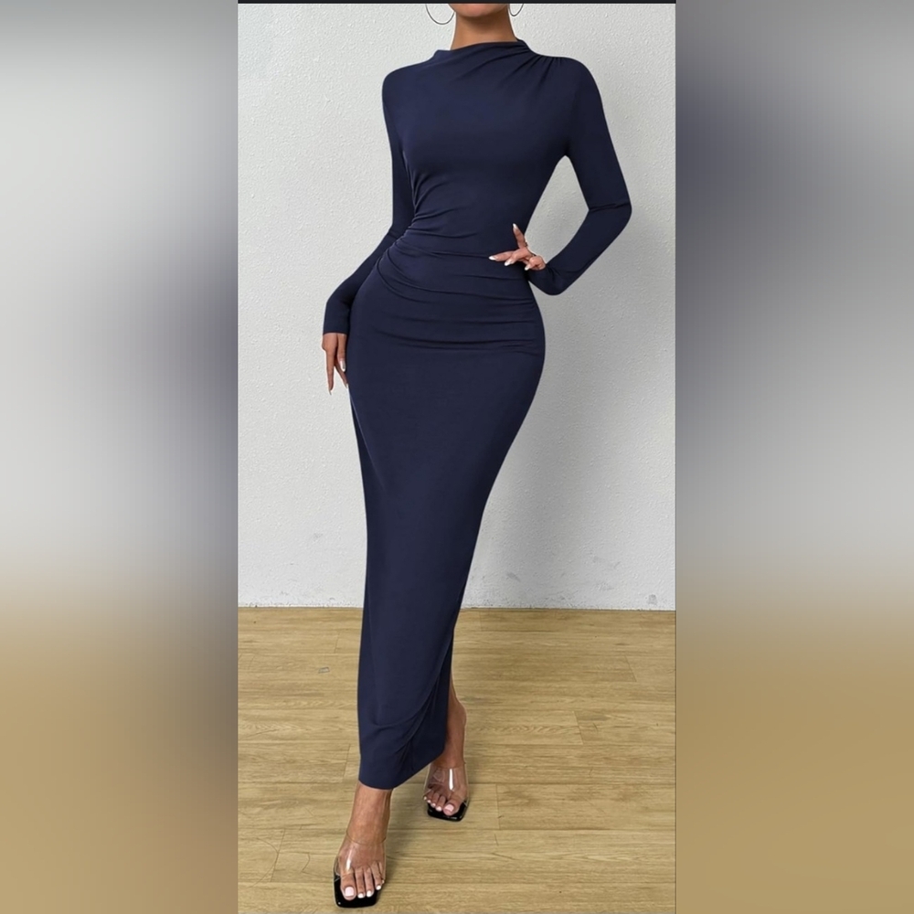 BTFBM | Women’s Bodycon Maxi Dress | Long Sleeve | Ruched Formal Black Dress